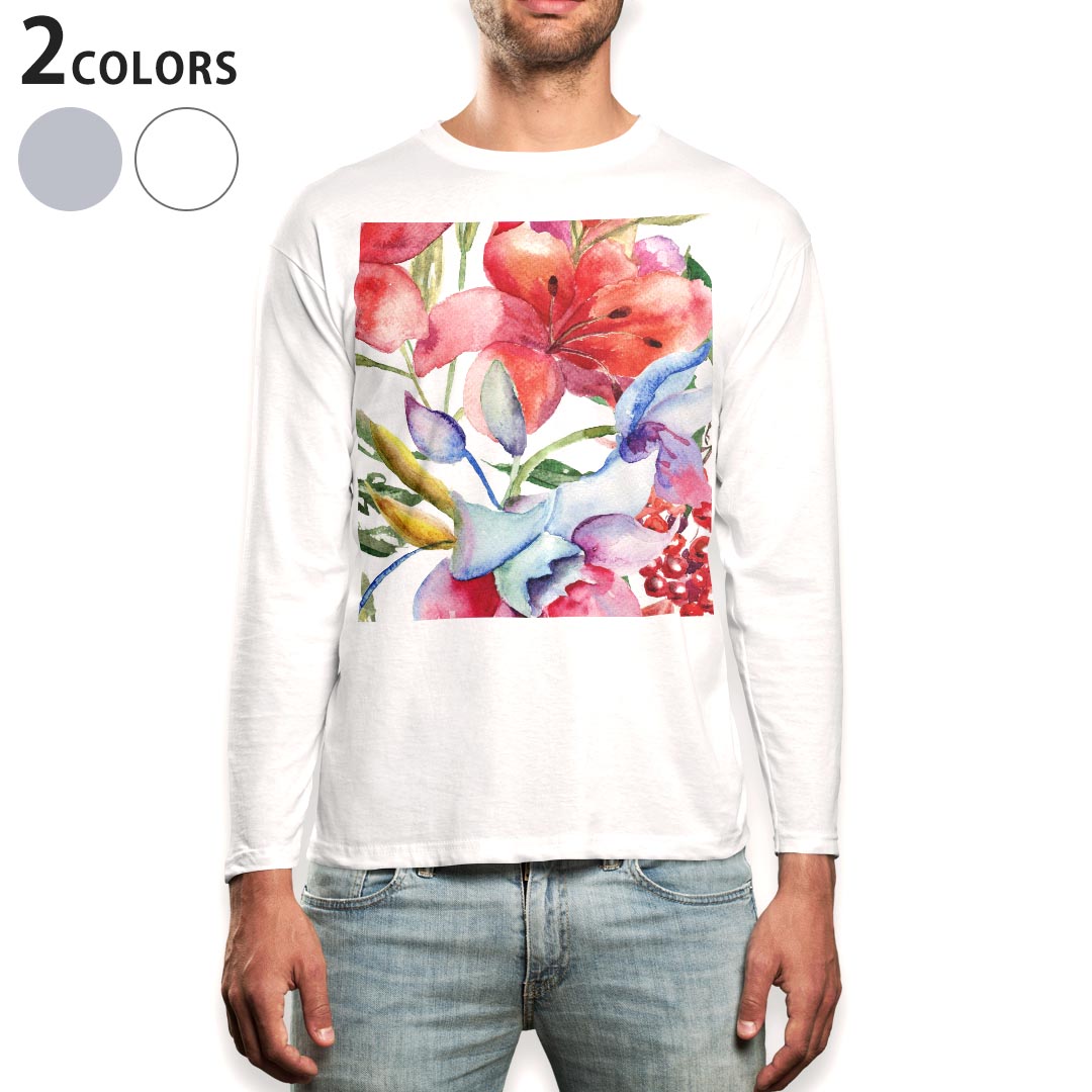 乐天商城 - ロング tシャツ メンズ 長袖 ホワイト グレー デザイン XS S M L XL 2XL Tシャツ ティーシャツ T shirt long sleeve 007980 花　フラワー　水彩　模様　赤