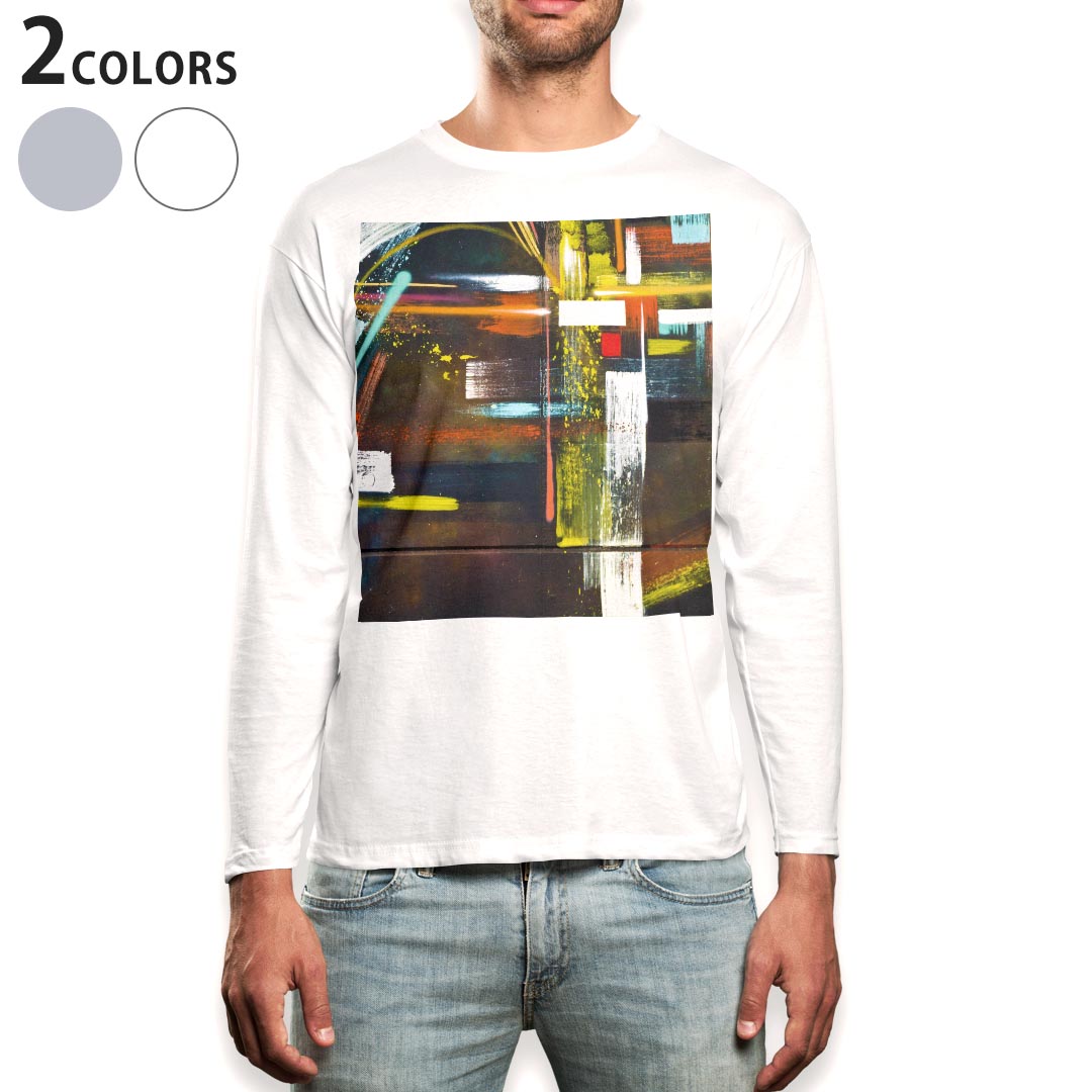 ロング tシャツ メンズ 長袖 ホワイト グレー デザイン XS S M L XL 2XL Tシャツ ティーシャツ T shirt long sleeve 008007 インク　ペンキ　カラフル