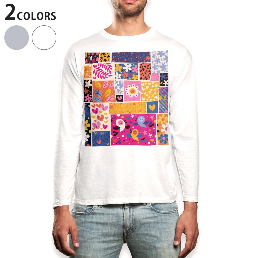 ロング tシャツ メンズ 長袖 ホワイト グレー デザイン XS S M L XL 2XL Tシャツ ティーシャツ T shirt long sleeve 008074 花 フラワー ハート 鳥 カラフル