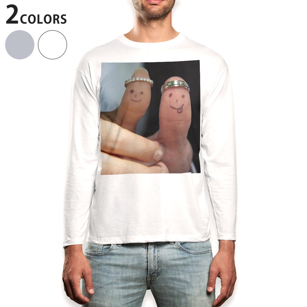 Long-Sleeved - ロング tシャツ メンズ 長袖 ホワイト グレー デザイン XS S M L XL 2XL Tシャツ ティーシャツ T shirt long sleeve 008128 写真　指輪　人物　顔