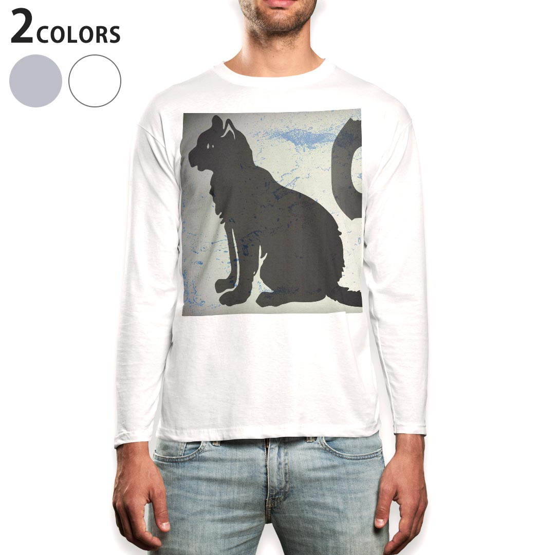ロング tシャツ メンズ 長袖 ホワイト グレー デザイン XS S M L XL 2XL Tシャツ ティーシャツ T shirt long sleeve 008317 猫　黒　ブラック　インク　ペンキ(4.0)