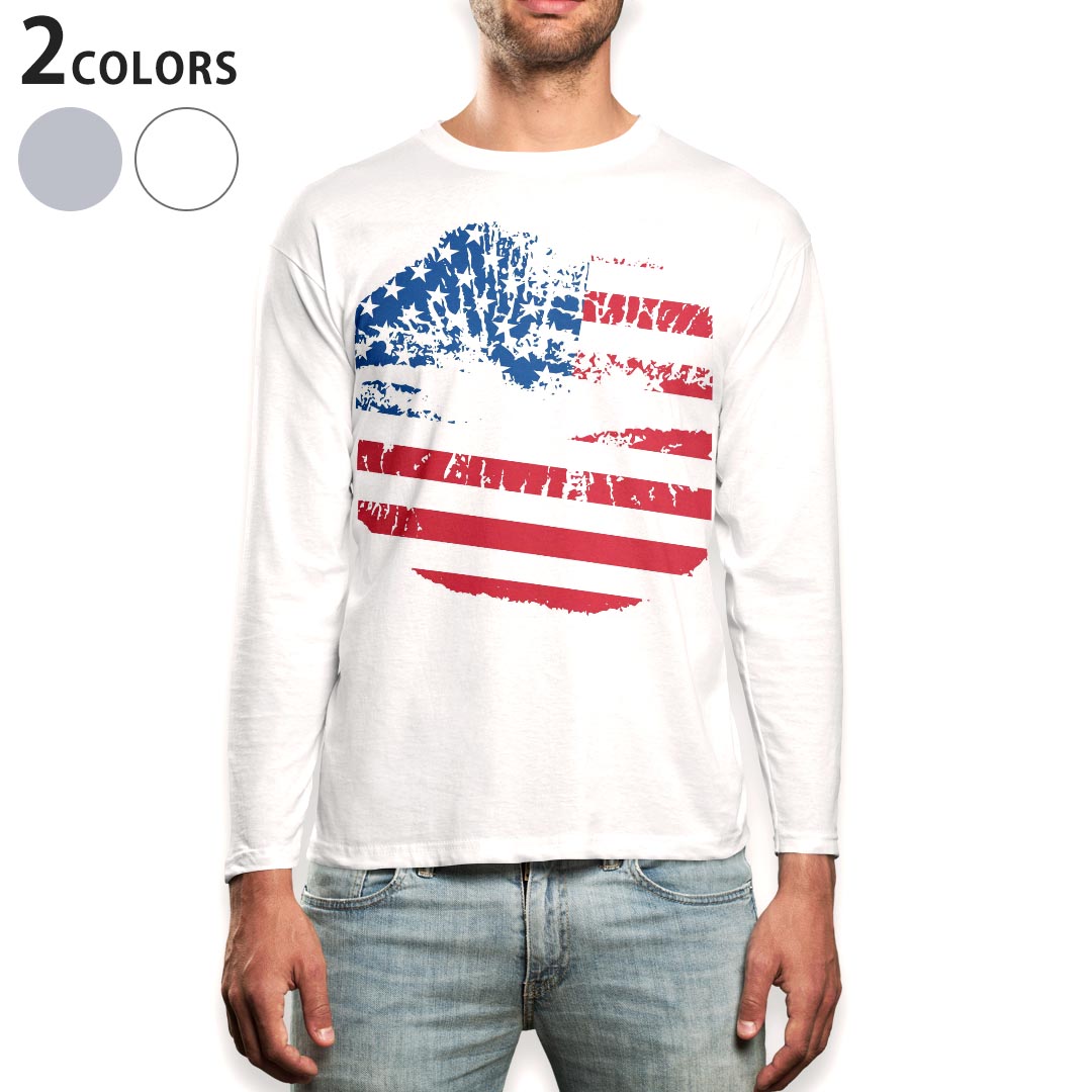 Other - ロング tシャツ メンズ 長袖 ホワイト グレー デザイン XS S M L XL 2XL Tシャツ ティーシャツ T shirt long sleeve 008330 唇　くちびる　イラスト　アメリカ　国旗
