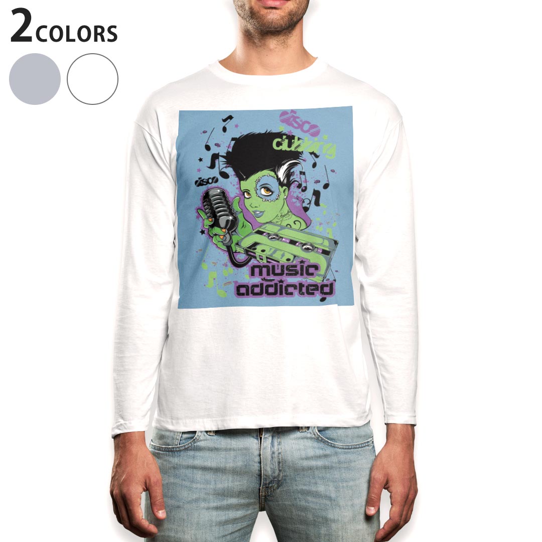 ロング tシャツ メンズ 長袖 ホワイト グレー デザイン XS S M L XL 2XL Tシャツ ティーシャツ T shirt long sleeve 008518 イラスト 音楽 モンスター
