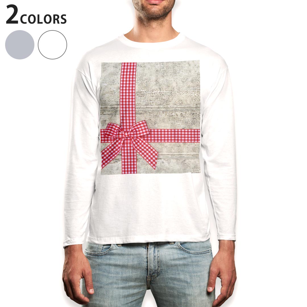 亨利領 - ロング tシャツ メンズ 長袖 ホワイト グレー デザイン XS S M L XL 2XL Tシャツ ティーシャツ T shirt long sleeve 008651 リボン　赤　レッド　チェック