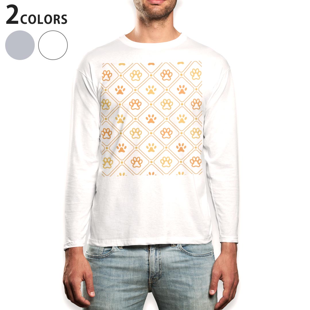 Henry Neck - ロング tシャツ メンズ 長袖 ホワイト グレー デザイン XS S M L XL 2XL Tシャツ ティーシャツ T shirt long sleeve 008652 足跡　オレンジ　模様