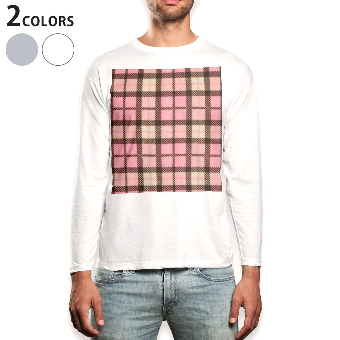 ロング tシャツ メンズ 長袖 ホワイト グレー デザイン XS S M L XL 2XL Tシャツ ティーシャツ T shirt long sleeve 008701 ピンク　チェック　模様