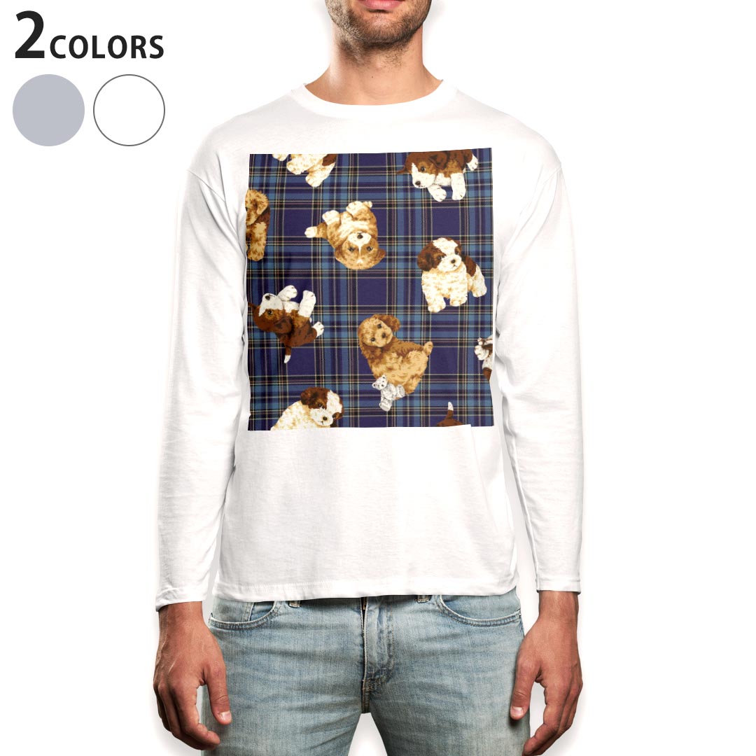 Long-Sleeved - ロング tシャツ メンズ 長袖 ホワイト グレー デザイン XS S M L XL 2XL Tシャツ ティーシャツ T shirt long sleeve 008723 青　ブルー　チェック　犬