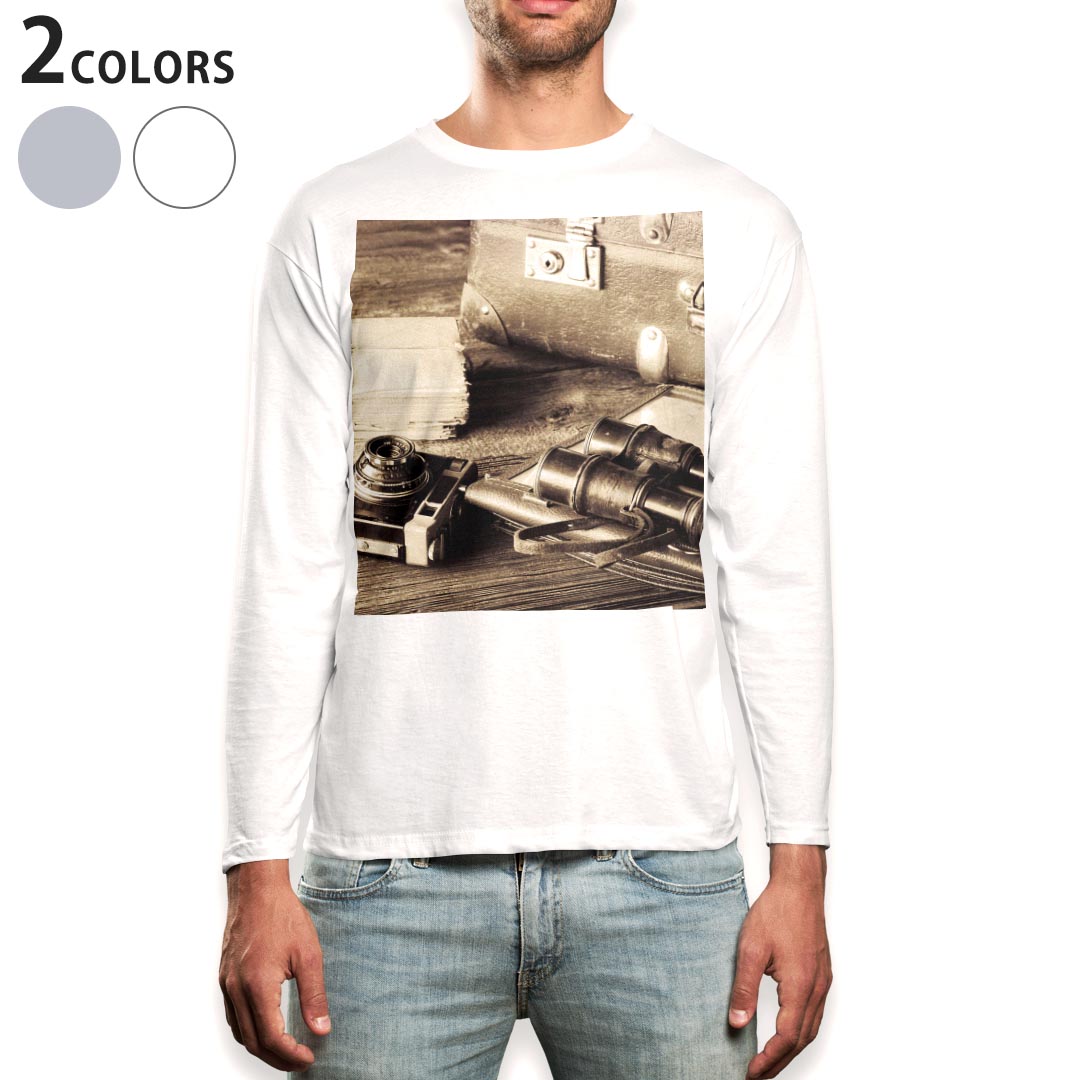 ロング tシャツ メンズ 長袖 ホワイト グレー デザイン XS S M L XL 2XL Tシャツ ティーシャツ T shirt long sleeve 008823 写真 カメラ カバン アンティーク