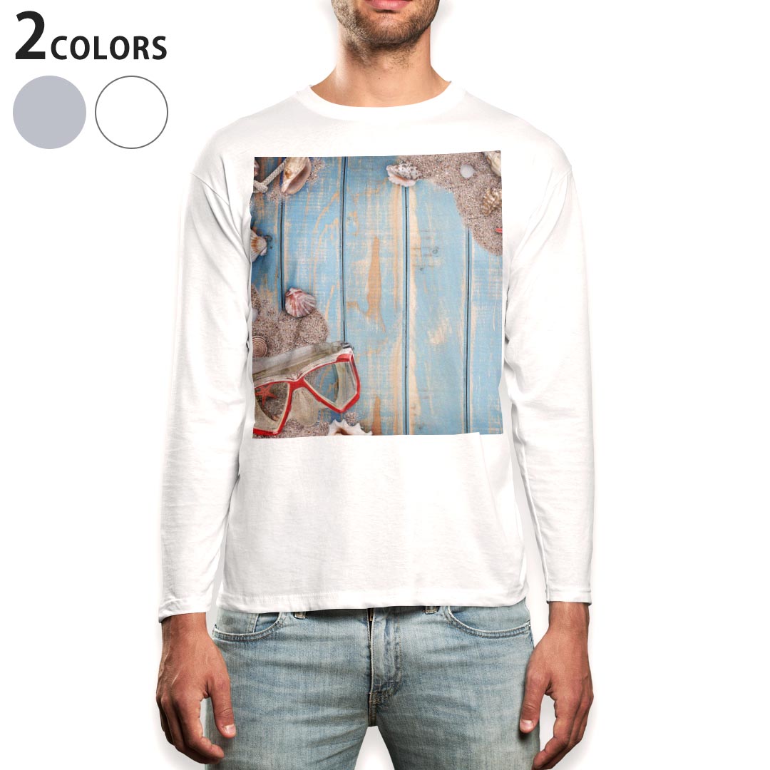 V-Neck - ロング tシャツ メンズ 長袖 ホワイト グレー デザイン XS S M L XL 2XL Tシャツ ティーシャツ T shirt long sleeve 008876 写真　海　夏　貝殻