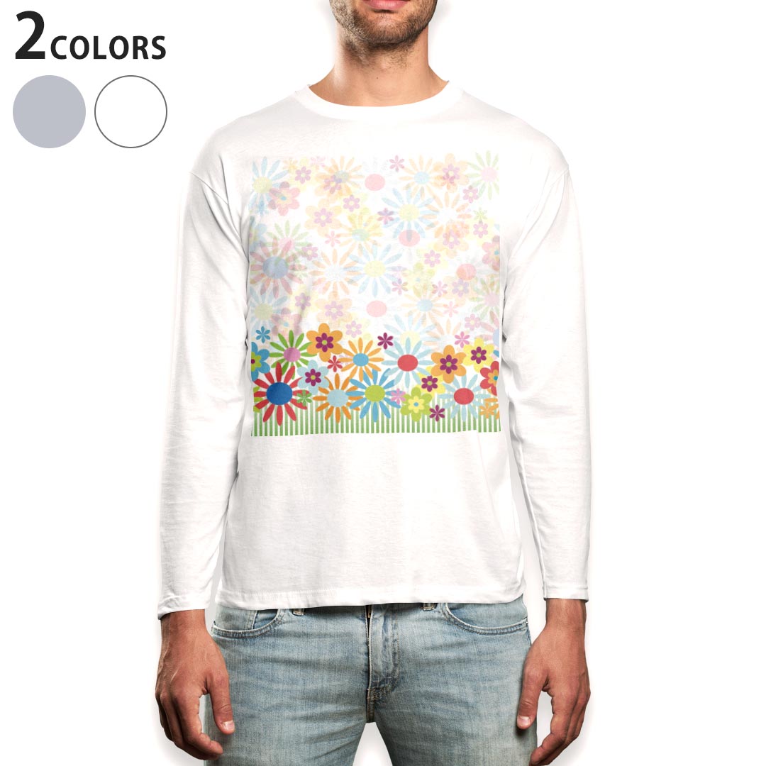 V領 - ロング tシャツ メンズ 長袖 ホワイト グレー デザイン XS S M L XL 2XL Tシャツ ティーシャツ T shirt long sleeve 008941 花　フラワー　カラフル