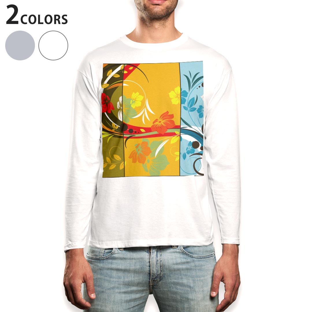 ロング tシャツ メンズ 長袖 ホワイト グレー デザイン XS S M L XL 2XL Tシャツ ティーシャツ T shirt long sleeve 008945 花　フラワー　カラフル