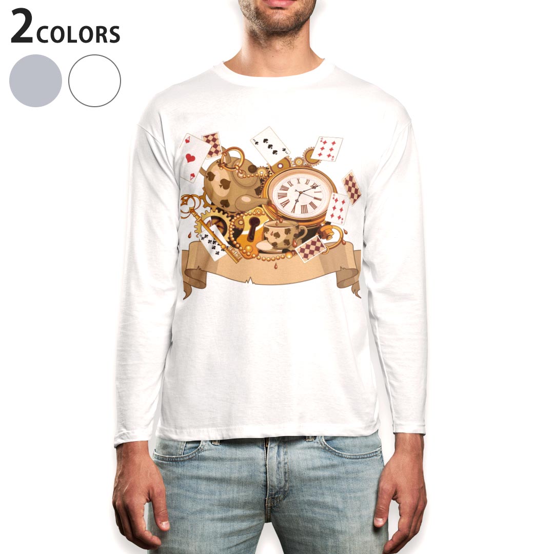 ロング tシャツ メンズ 長袖 ホワイト グレー デザイン XS S M L XL 2XL Tシャツ ティーシャツ T shirt long sleeve 009263 トランプ ハート アンティーク