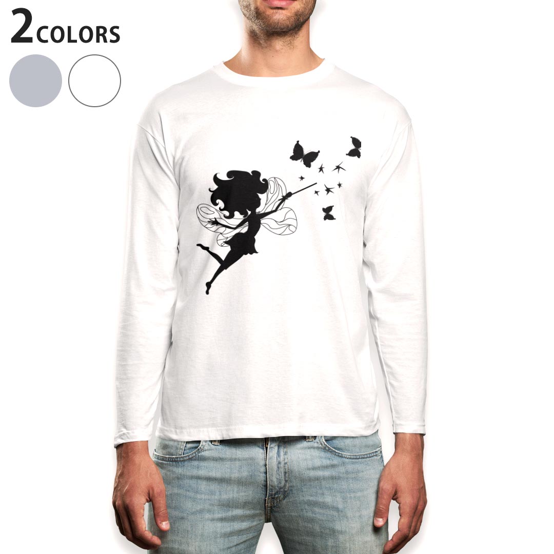 ロング tシャツ メンズ 長袖 ホワイト グレー デザイン XS S M L XL 2XL Tシャツ ティーシャツ T shirt long sleeve 009353 キャラクター 蝶 モノクロ