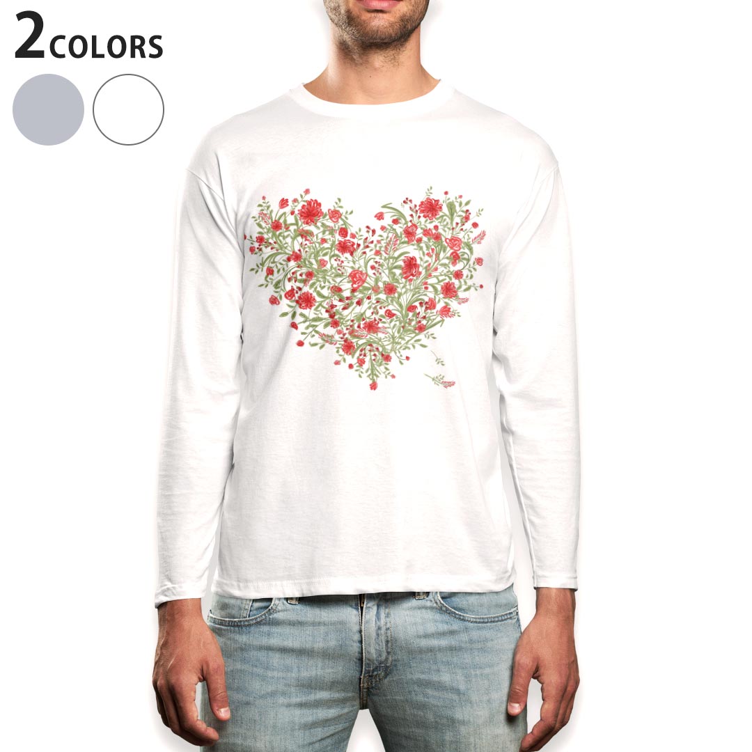 乐天商城 - ロング tシャツ メンズ 長袖 ホワイト グレー デザイン XS S M L XL 2XL Tシャツ ティーシャツ T shirt long sleeve 009411 フラワー　ハート　赤