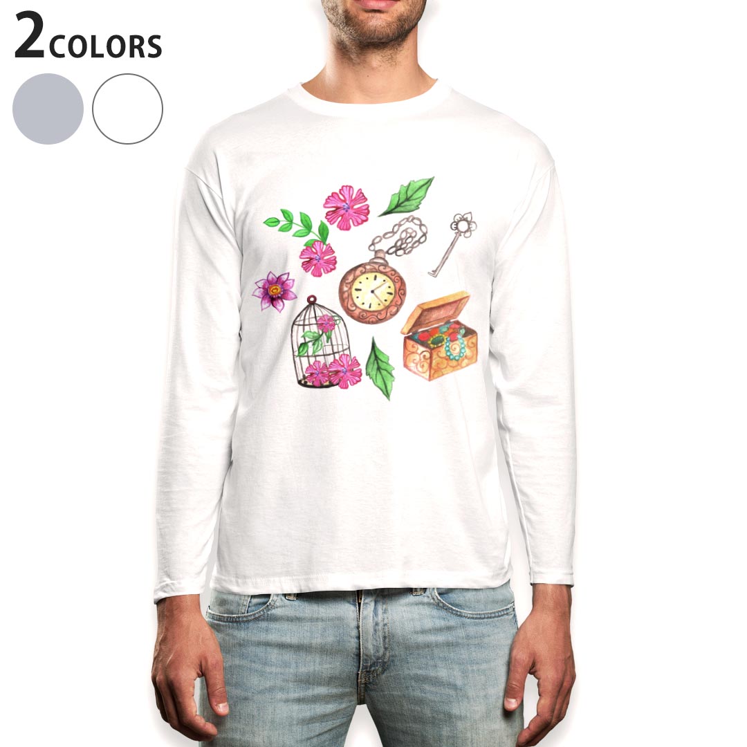 長袖 - ロング tシャツ メンズ 長袖 ホワイト グレー デザイン XS S M L XL 2XL Tシャツ ティーシャツ T shirt long sleeve 009540 フラワー　時計　アンティーク