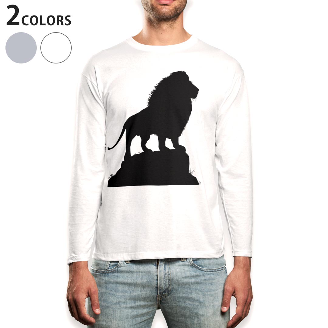 Long-Sleeved - ロング tシャツ メンズ 長袖 ホワイト グレー デザイン XS S M L XL 2XL Tシャツ ティーシャツ T shirt long sleeve 009564 動物　ライオン　モノクロ