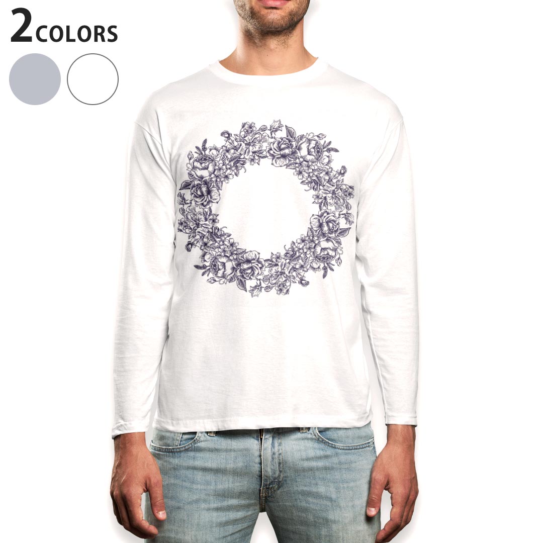 ロング tシャツ メンズ 長袖 ホワイト グレー デザイン XS S M L XL 2XL Tシャツ ティーシャツ T shirt long sleeve 009661 リース アンティーク フラワー