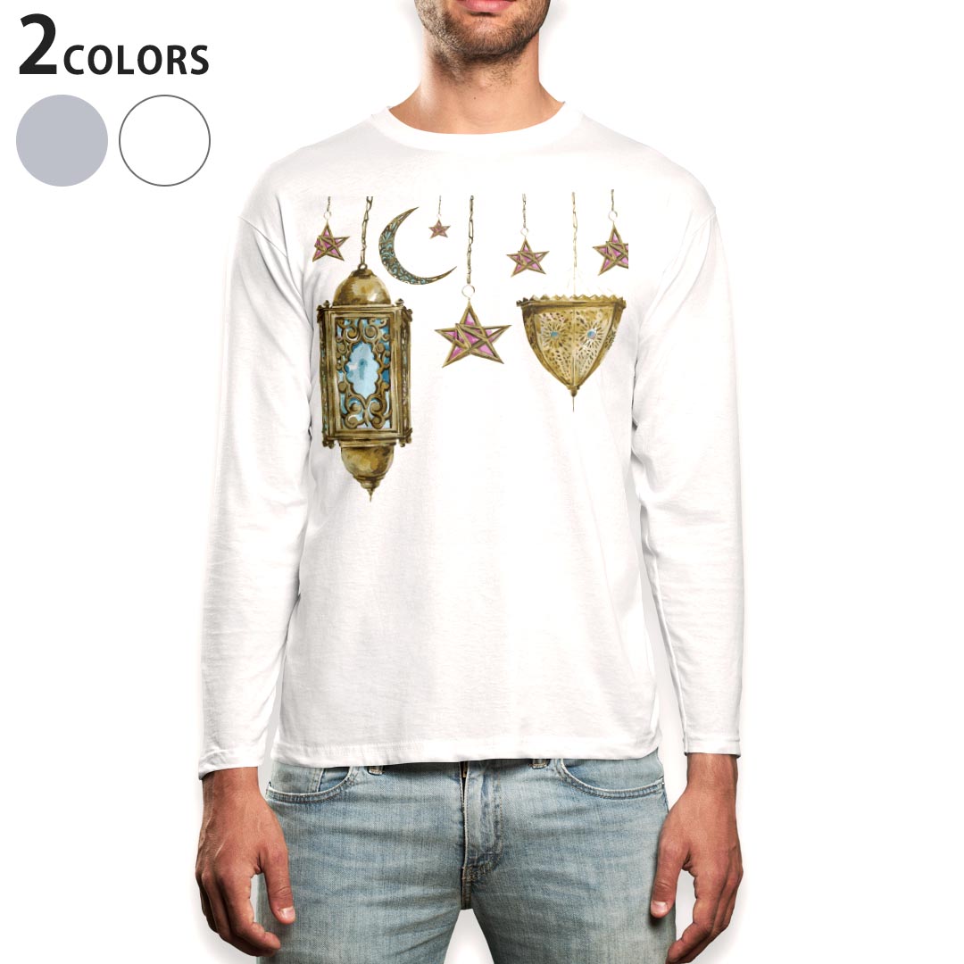 ロング tシャツ メンズ 長袖 ホワイト グレー デザイン XS S M L XL 2XL Tシャツ ティーシャツ T shirt long sleeve 009705 アンティーク 星 月
