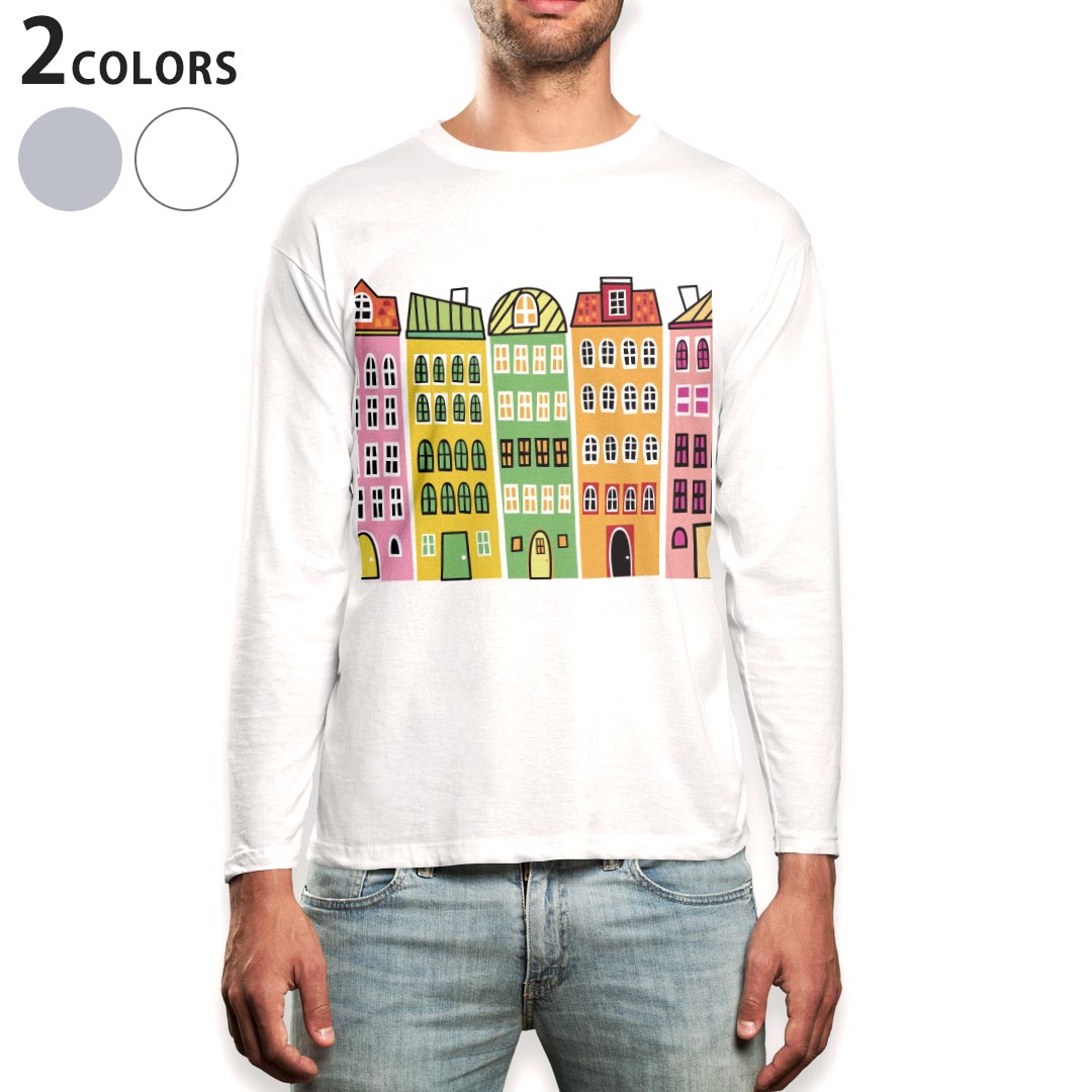 ロング tシャツ メンズ 長袖 ホワイト グレー デザイン XS S M L XL 2XL Tシャツ ティーシャツ T shirt long sleeve 009772 風景　カラフル　イラスト