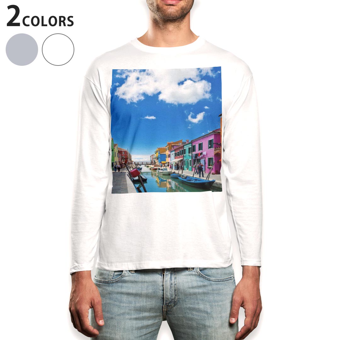 ロング tシャツ メンズ 長袖 ホワイト グレー デザイン XS S M L XL 2XL Tシャツ ティーシャツ T shirt long sleeve 009835 外国　風景　写真
