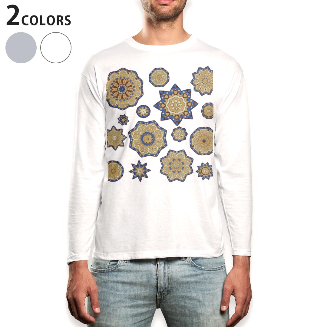 ロング tシャツ メンズ 長袖 ホワイト グレー デザイン XS S M L XL 2XL Tシャツ ティーシャツ T shirt long sleeve 009918 模様 アジアン
