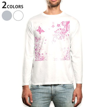 ロング tシャツ メンズ 長袖 ホワイト グレー デザイン XS S M L XL 2XL Tシャツ ティーシャツ T shirt long sleeve 009996 フラワー 蝶 ピンク