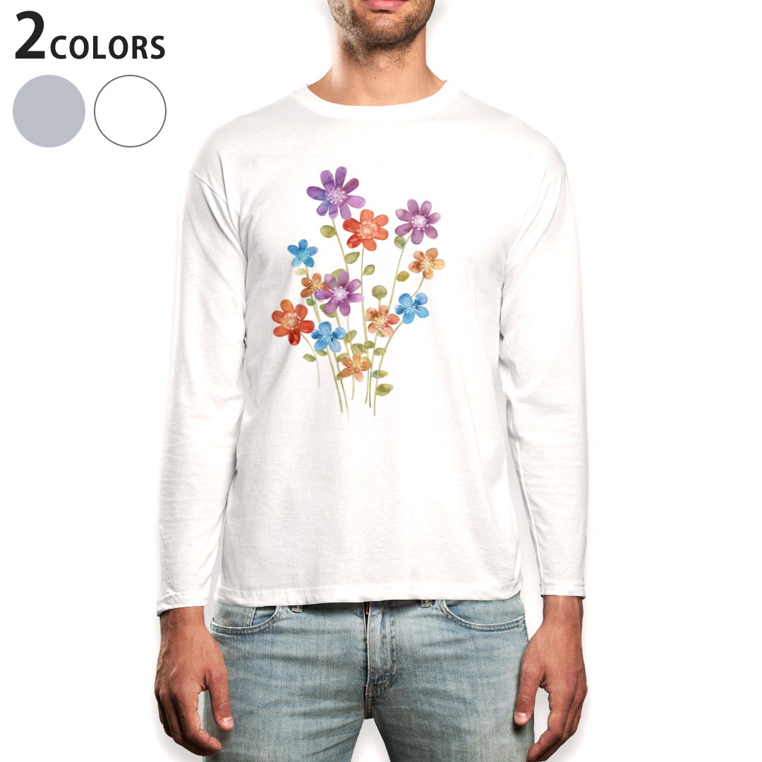 Long-Sleeved - ロング tシャツ メンズ 長袖 ホワイト グレー デザイン XS S M L XL 2XL Tシャツ ティーシャツ T shirt long sleeve 010003 フラワー　水彩　英語