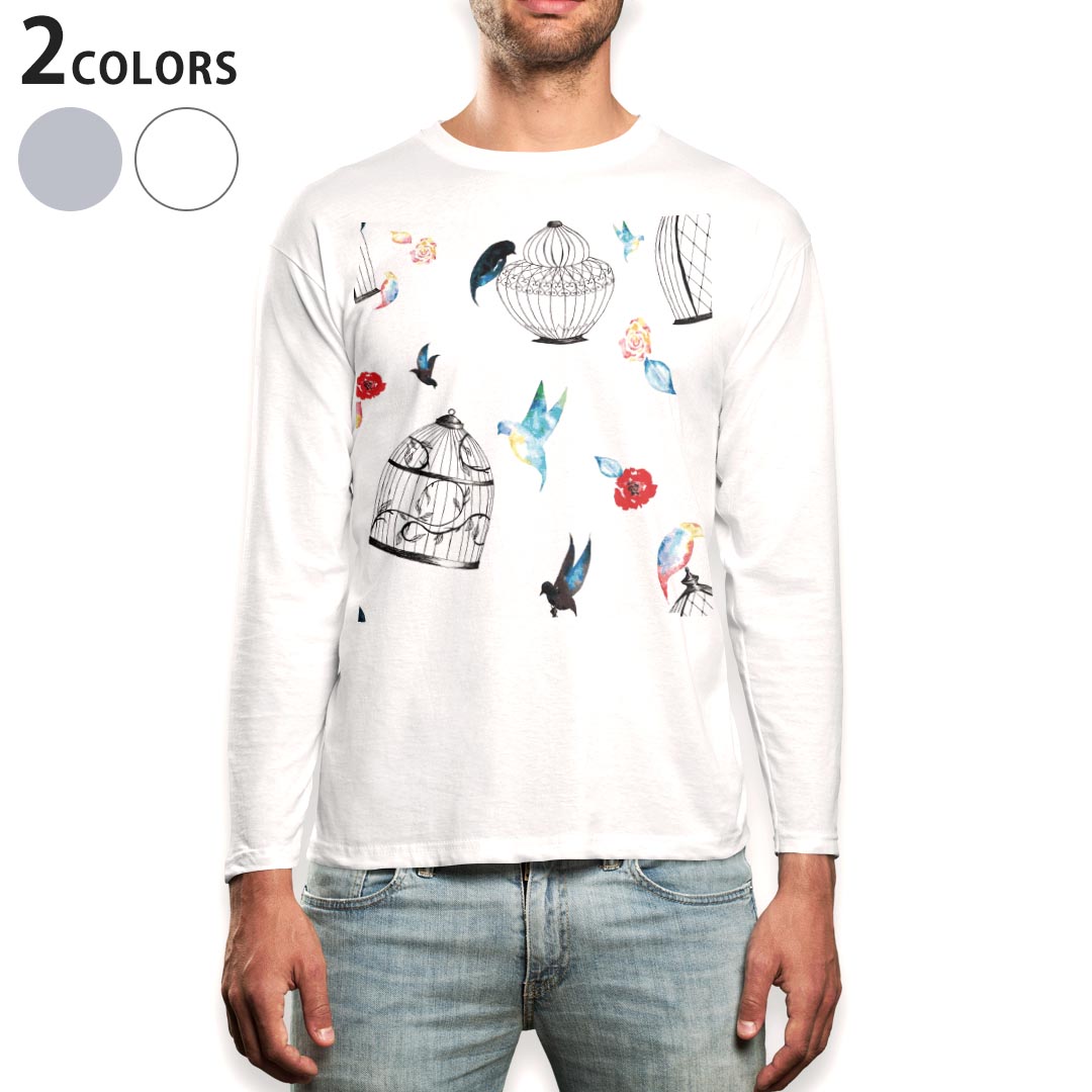 Long-Sleeved - ロング tシャツ メンズ 長袖 ホワイト グレー デザイン XS S M L XL 2XL Tシャツ ティーシャツ T shirt long sleeve 010038 鳥　フラワー　カラフル