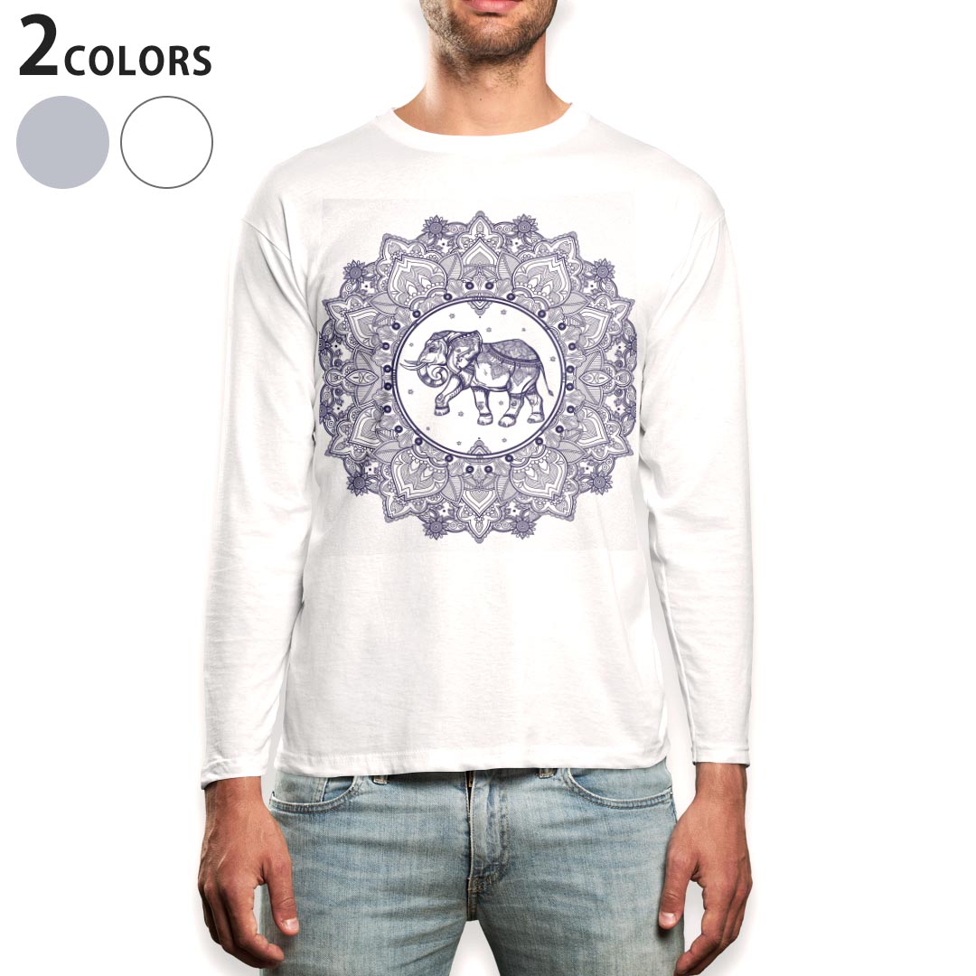 Other - ロング tシャツ メンズ 長袖 ホワイト グレー デザイン XS S M L XL 2XL Tシャツ ティーシャツ T shirt long sleeve 010054 アジアン　ゾウ　青