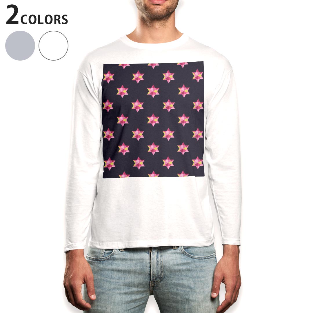 ロング tシャツ メンズ 長袖 ホワイト グレー デザイン XS S M L XL 2XL Tシャツ ティーシャツ T shirt long sleeve 010160 星　ピンク　黒