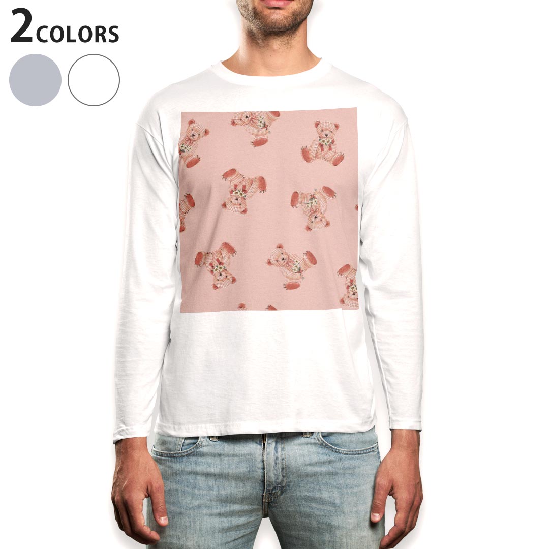 乐天商城 - ロング tシャツ メンズ 長袖 ホワイト グレー デザイン XS S M L XL 2XL Tシャツ ティーシャツ T shirt long sleeve 010195 動物　熊　ピンク