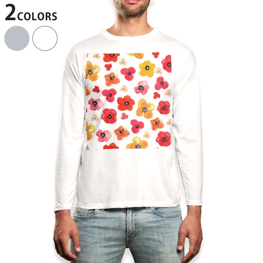 ロング tシャツ メンズ 長袖 ホワイト グレー デザイン XS S M L XL 2XL Tシャツ ティーシャツ T shirt long sleeve 010282 フラワー　花　赤　オレンジ(4.0)