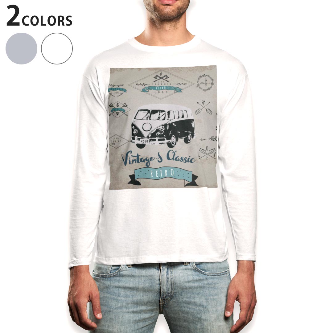 T-Shirts - ロング tシャツ メンズ 長袖 ホワイト グレー デザイン XS S M L XL 2XL Tシャツ ティーシャツ T shirt long sleeve 010441 乗り物　車　レトロ