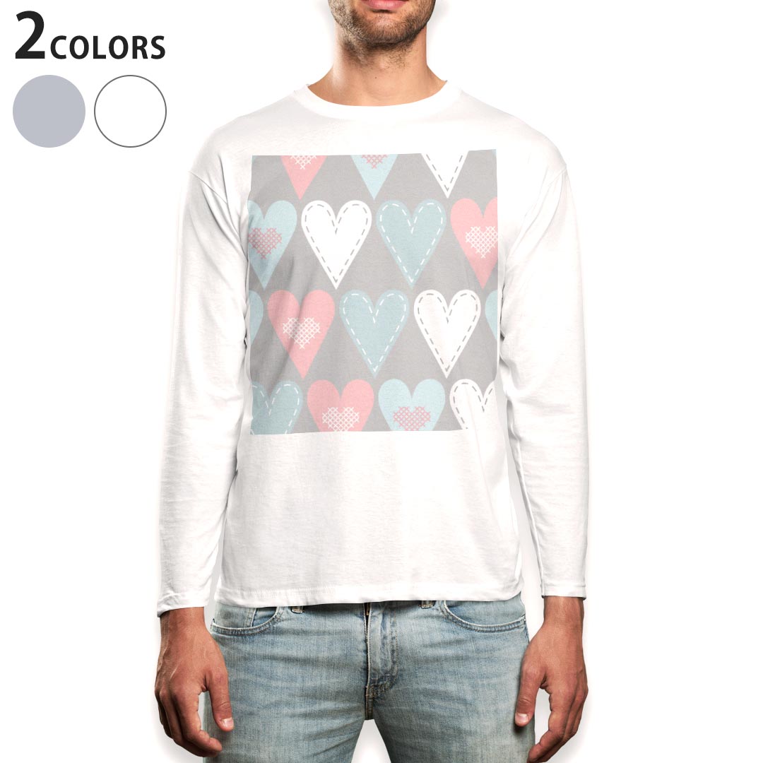 Henry Neck - ロング tシャツ メンズ 長袖 ホワイト グレー デザイン XS S M L XL 2XL Tシャツ ティーシャツ T shirt long sleeve 010573 ハート　赤　青