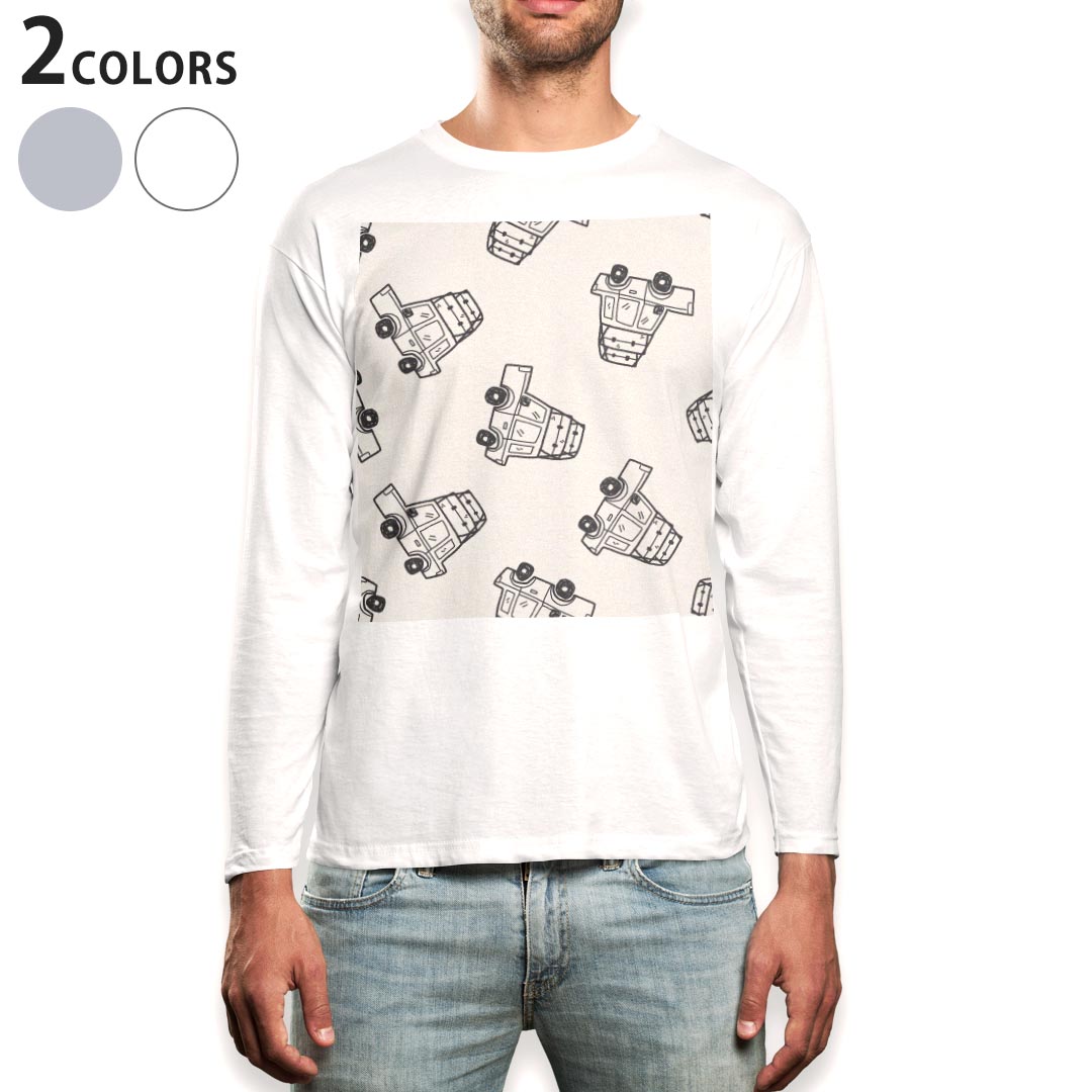 Long-Sleeved - ロング tシャツ メンズ 長袖 ホワイト グレー デザイン XS S M L XL 2XL Tシャツ ティーシャツ T shirt long sleeve 010668 車　イラスト　白