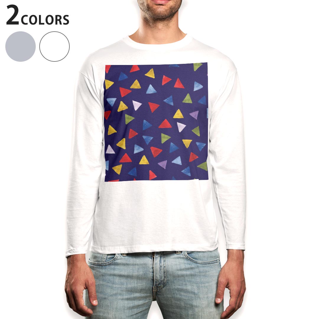 ロング tシャツ メンズ 長袖 ホワイト グレー デザイン XS S M L XL 2XL Tシャツ ティーシャツ T shirt long sleeve 010783 色彩　三角..