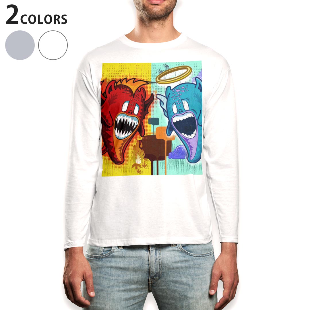 ロング tシャツ メンズ 長袖 ホワイト グレー デザイン XS S M L XL 2XL Tシャツ ティーシャツ T shirt long sleeve 010807 キャラクター 赤 緑
