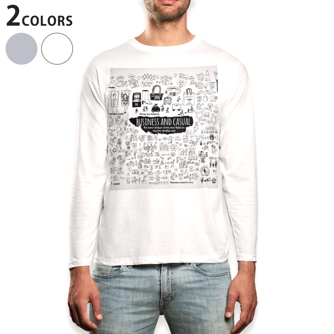 乐天商城 - ロング tシャツ メンズ 長袖 ホワイト グレー デザイン XS S M L XL 2XL Tシャツ ティーシャツ T shirt long sleeve 010923 イラスト　ファッション　白　黒