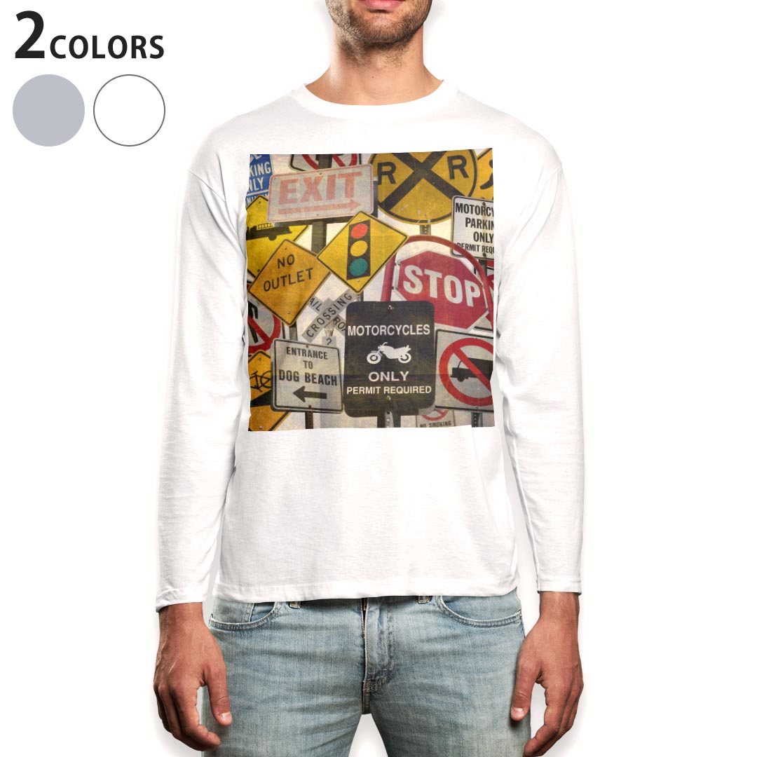 ロング tシャツ メンズ 長袖 ホワイト グレー デザイン XS S M L XL 2XL Tシャツ ティーシャツ T shirt long sleeve 011168 標識　英語　看板