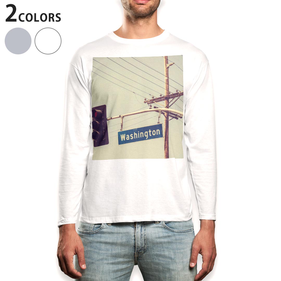 ロング tシャツ メンズ 長袖 ホワイト グレー デザイン XS S M L XL 2XL Tシャツ ティーシャツ T shirt long sleeve 011263 ワシントン　外国　写真