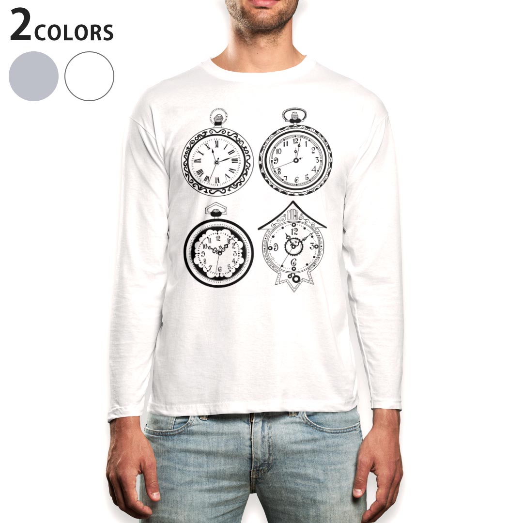 ロング tシャツ メンズ 長袖 ホワイト グレー デザイン XS S M L XL 2XL Tシャツ ティーシャツ T shirt long sleeve 011357 時計　レトロ　ビンテージ