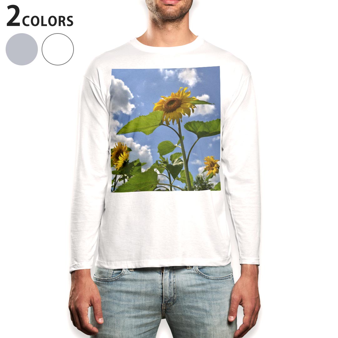 ロング tシャツ メンズ 長袖 ホワイト グレー デザイン XS S M L XL 2XL Tシャツ ティーシャツ T shirt long sleeve 011366 花　ひまわり　写真(4)