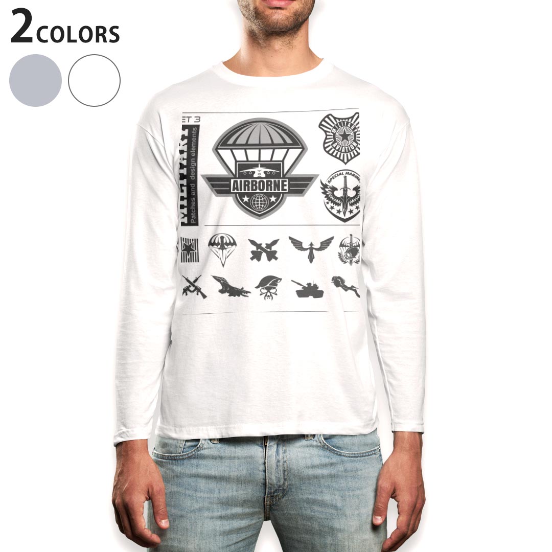 ロング tシャツ メンズ 長袖 ホワイト グレー デザイン XS S M L XL 2XL Tシャツ ティーシャツ T shirt long sleeve 011510 アーミー 階級 銃