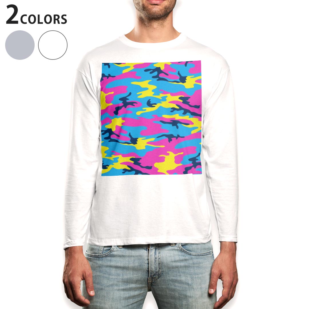 Long-Sleeved - ロング tシャツ メンズ 長袖 ホワイト グレー デザイン XS S M L XL 2XL Tシャツ ティーシャツ T shirt long sleeve 011552 迷彩　模様　カモフラ