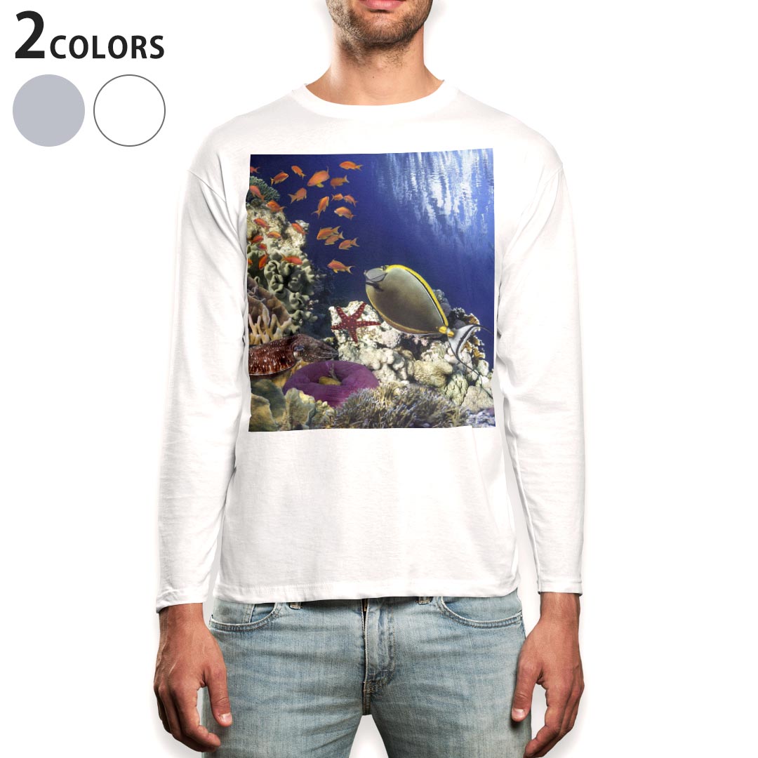 ロング tシャツ メンズ 長袖 ホワイト グレー デザイン XS S M L XL 2XL Tシャツ ティーシャツ T shirt long sleeve 011673 海　魚　珊瑚