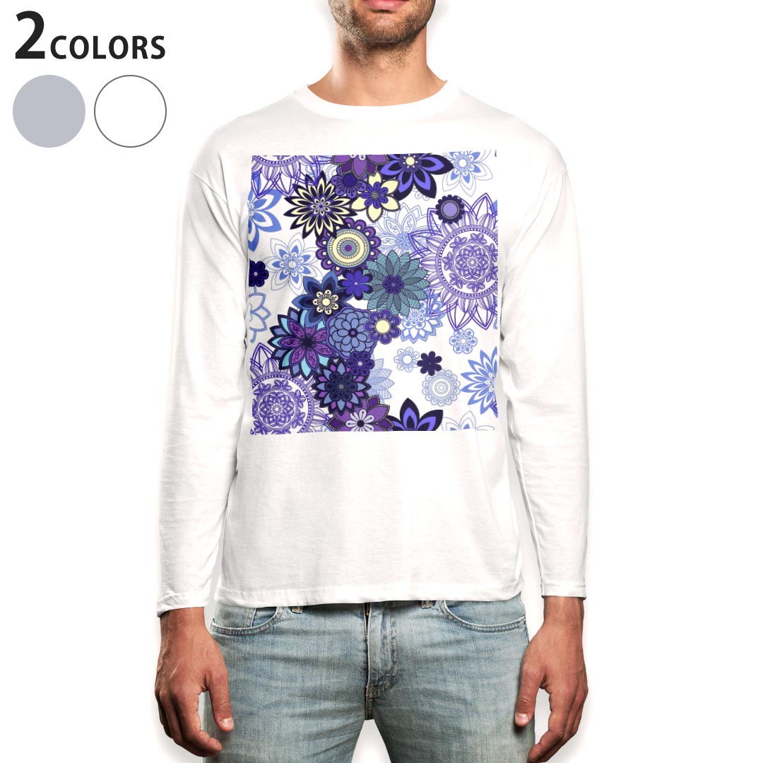 ロング tシャツ メンズ 長袖 ホワイト グレー デザイン XS S M L XL 2XL Tシャツ ティーシャツ T shirt long sleeve 011728 花 フラワー 紫