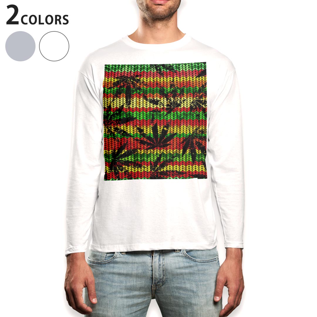ロング tシャツ メンズ 長袖 ホワイト グレー デザイン XS S M L XL 2XL Tシャツ ティーシャツ T shirt long sleeve 011750 レゲエ　カラフル　植物