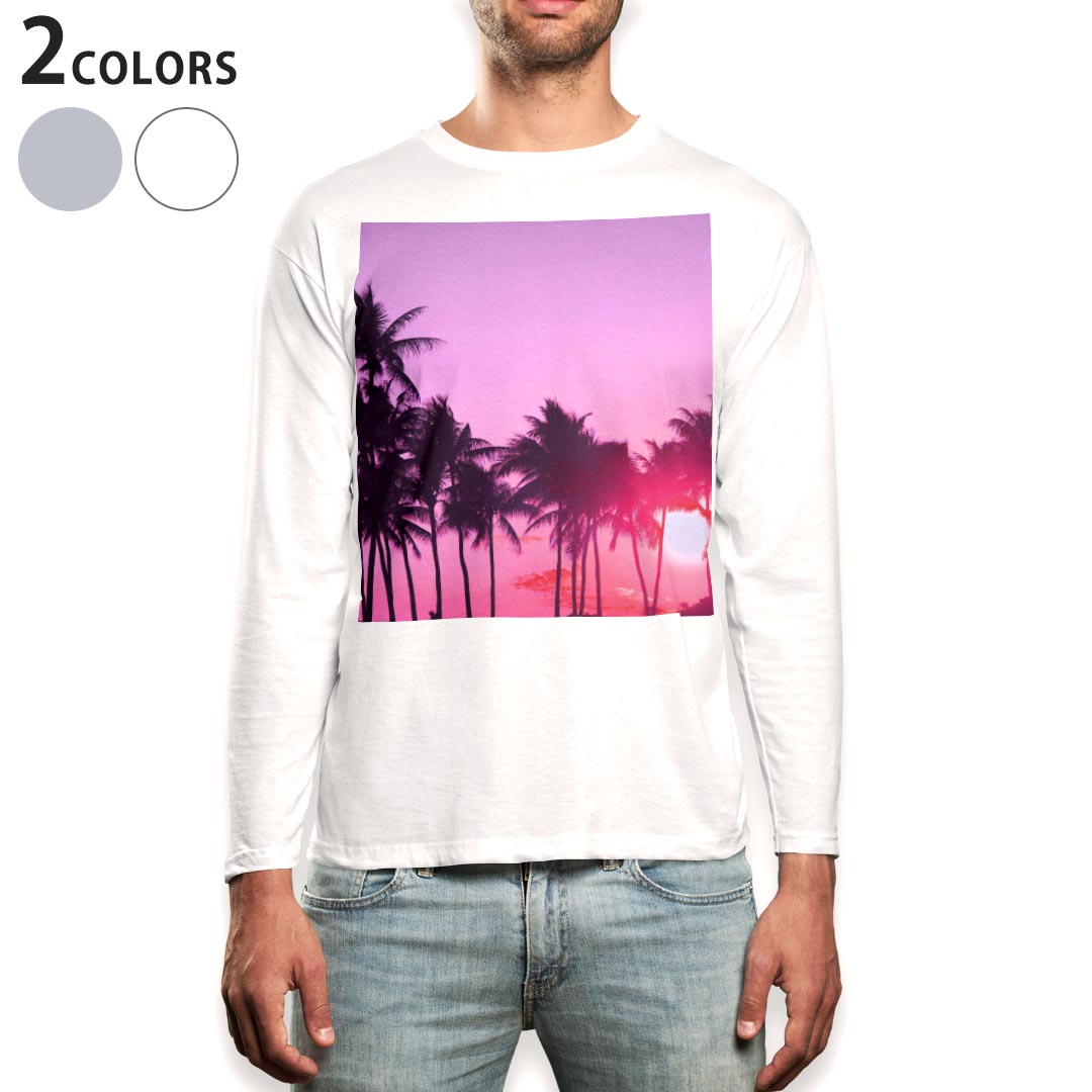 ロング tシャツ メンズ 長袖 ホワイト グレー デザイン XS S M L XL 2XL Tシャツ ティーシャツ T shirt long sleeve 011768 写真　ヤシの木　夕焼け