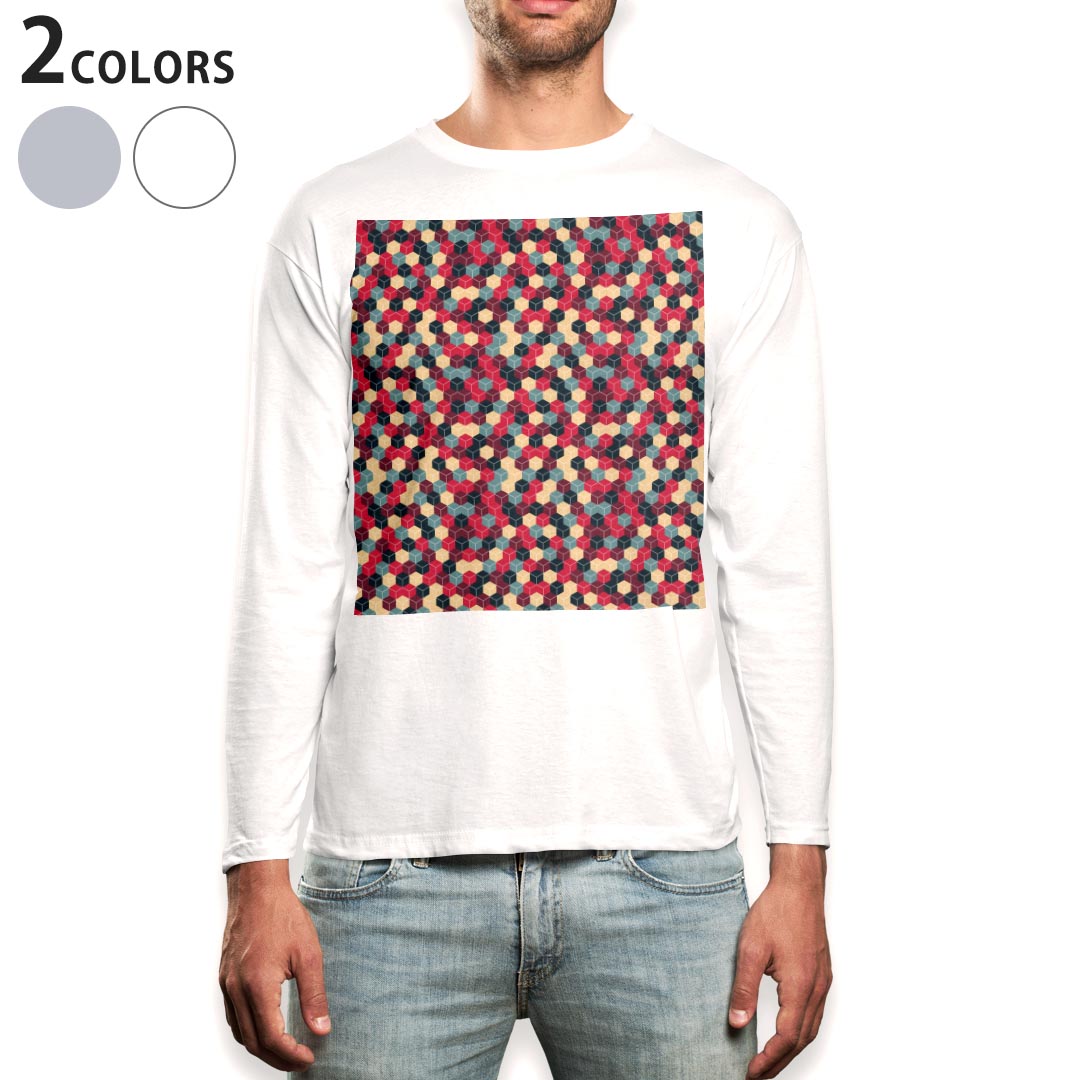 Long-Sleeved - ロング tシャツ メンズ 長袖 ホワイト グレー デザイン XS S M L XL 2XL Tシャツ ティーシャツ T shirt long sleeve 011819 模様　カラフル　キューブ