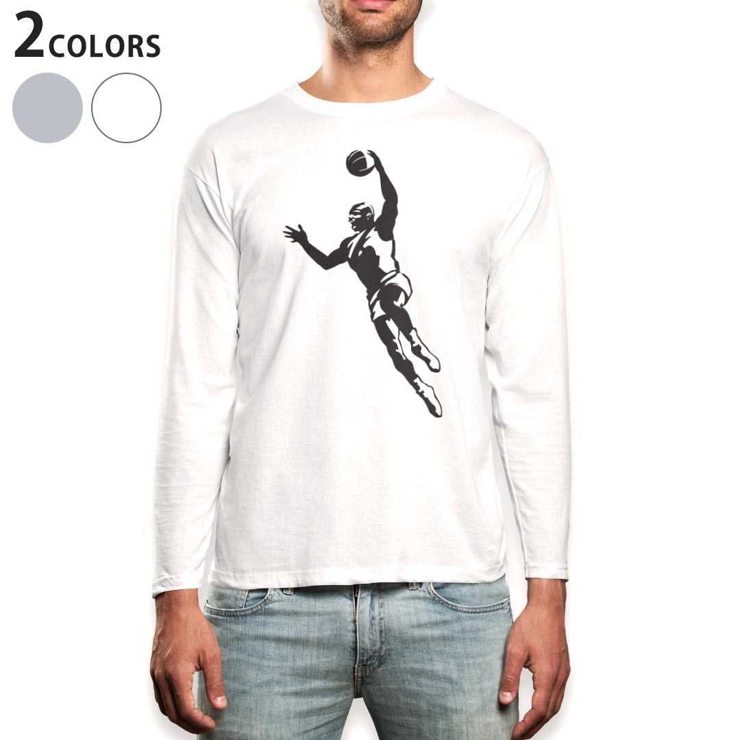 ロング tシャツ メンズ 長袖 ホワイト グレー デザイン XS S M L XL 2XL Tシャツ ティーシャツ T shirt long sleeve 011829 バスケ　スポーツ　人物